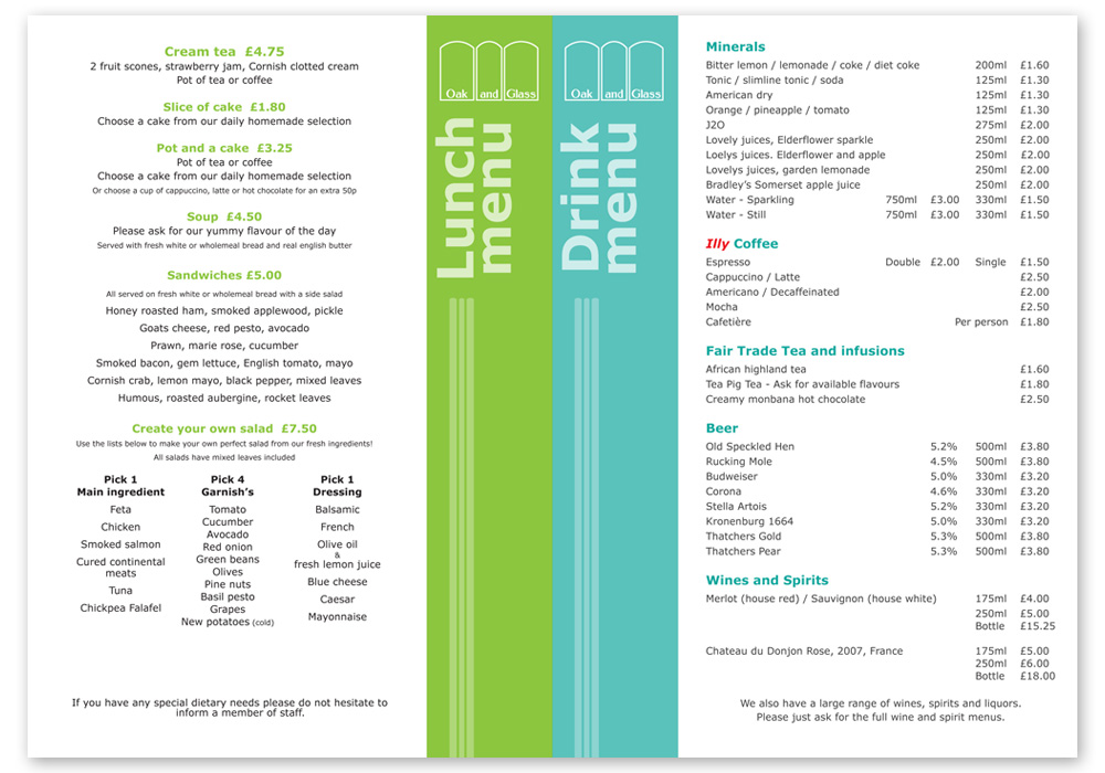 Oak and Glass, SAMPLE daytime menu